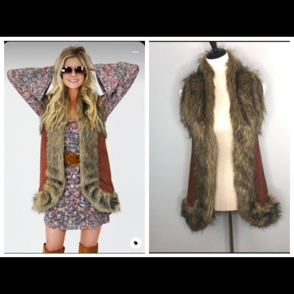 Anthropologie Judith March Western Faux Suede-Fur Trim Vest.